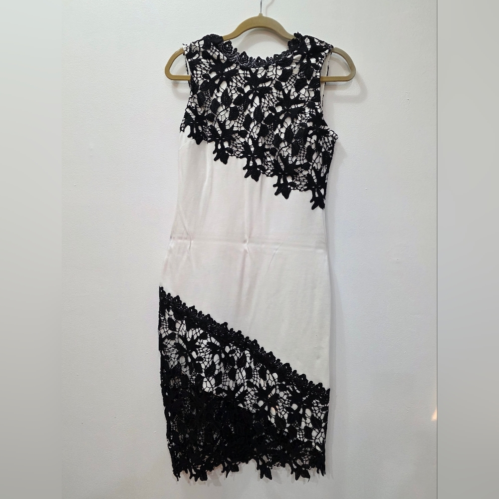 VENUS Black and White Asymmetrical Lace Dress